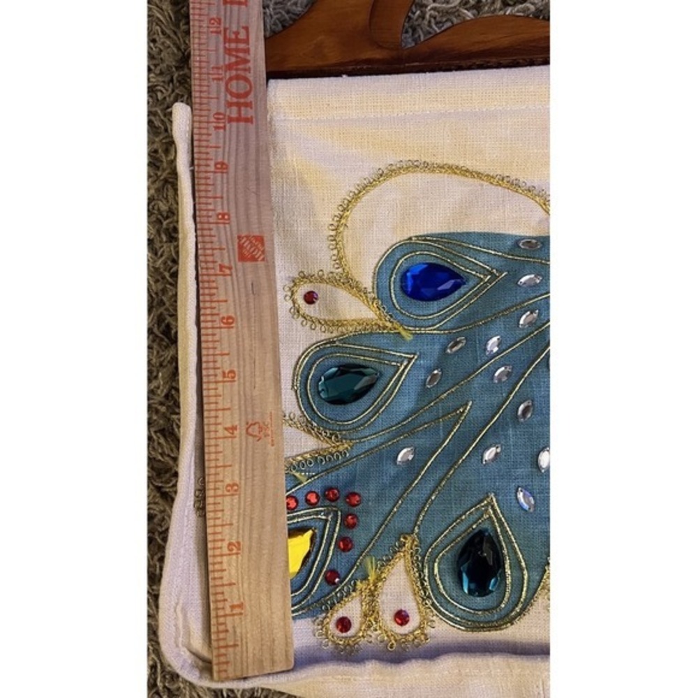 Vintage‎ Linen Peacock Wooden Handle Handbag W/Rhinestones 10"x13x3" - Picture 10 of 13